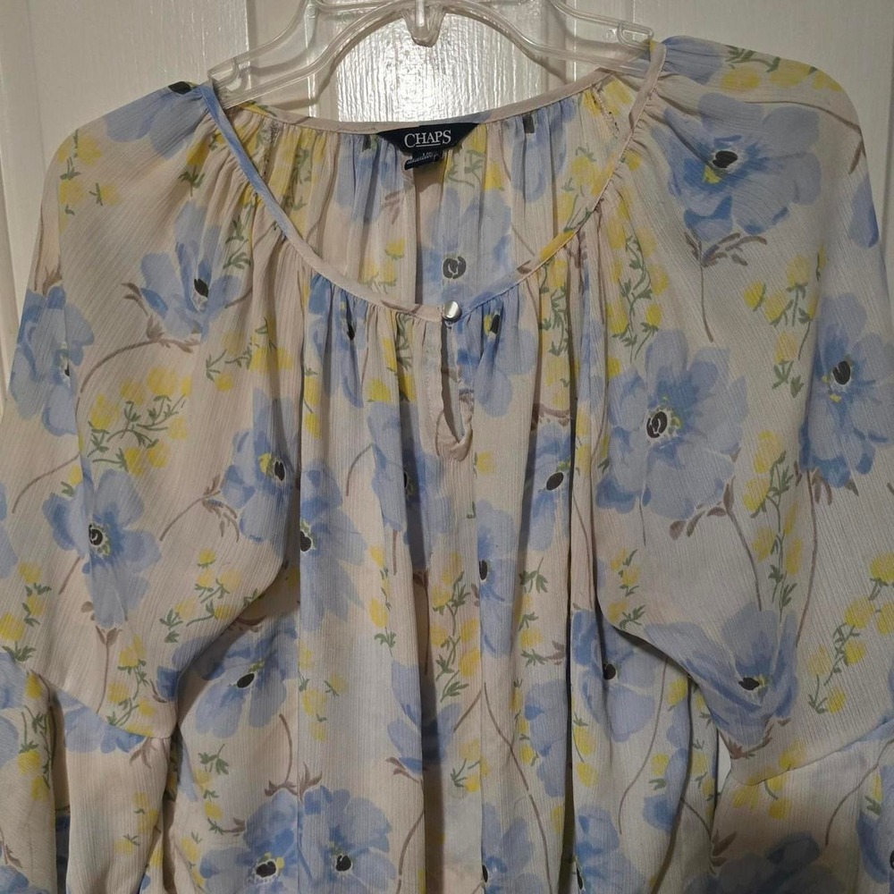 Chaps Womens Blue Yellow Floral Crinkle Chiffon Bell Sleeve Blouse Top Large